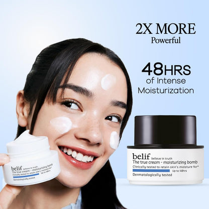 Woman applying cream with belif product on a light blue background