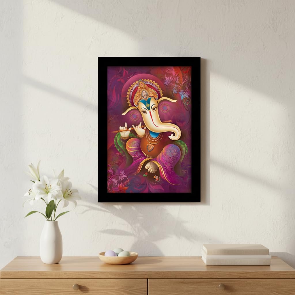 Ganesha Art Framed Painting | Ready to Hang- (Wood, Multicolor, 12inch x 18 inch).