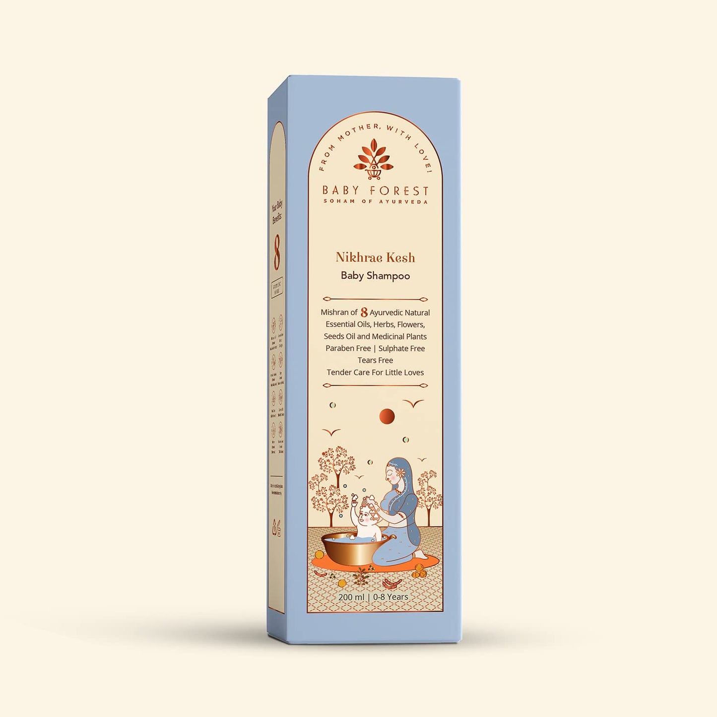 Baby Forest shampoo box on a beige background
