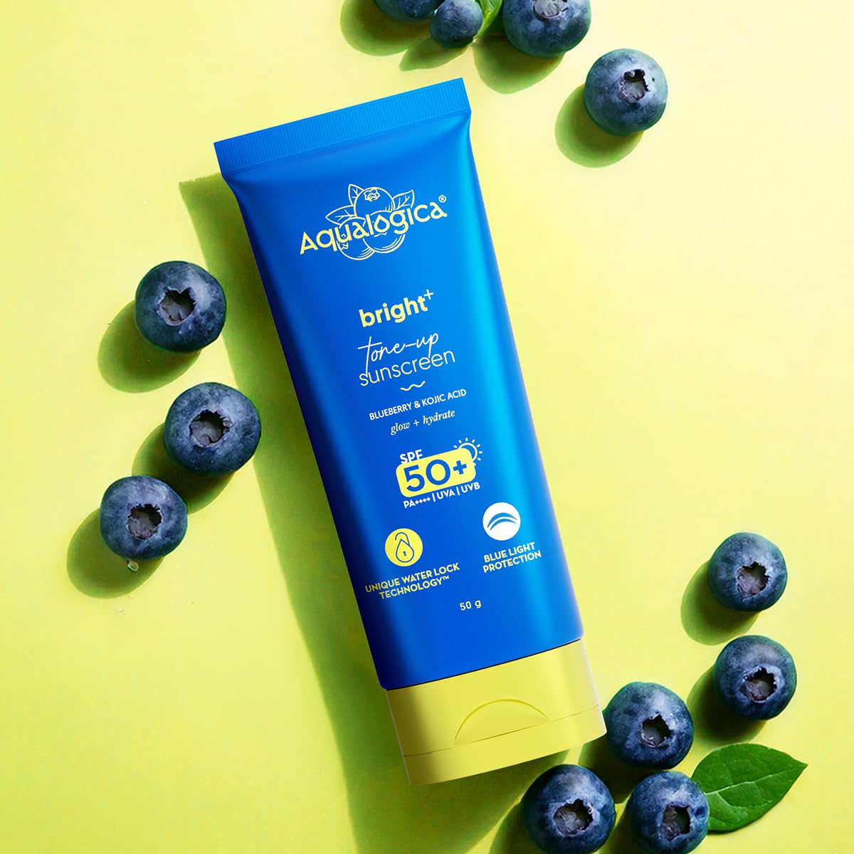 Aqualogica Bright+ Tone Up Sunscreen | Broad Spectrum SPF 50+ PA++++ with Kojic Acid & Blueberry | UVA/B & Blue Light Protection | Instantly Brightens | Lightweight, Non-Greasy, No White Cast | All Skin Types | Fragrance-Free | 50g