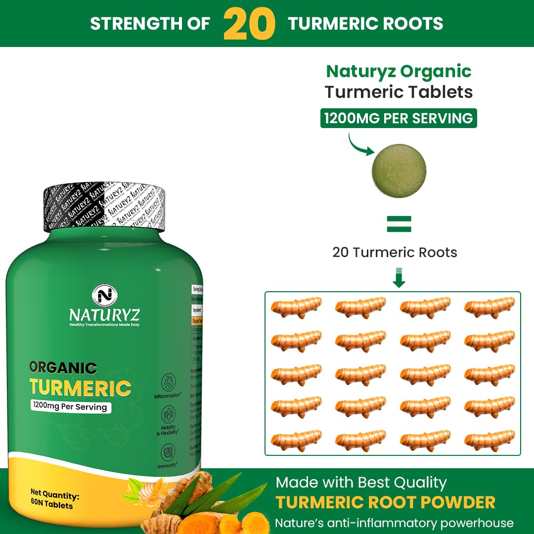 NATURYZ Organic Turmeric Highest Strength 1200mg tablets | Supports Joint, Skin Health, Immune Function | Anti inflammatory Supplement for Adults | Non-GMO, Vegan, Gluten-Free | USDA Organic Certified | Pesticides & Chemical Free - 60 Veg Tablets