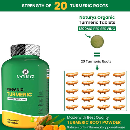 NATURYZ Organic Turmeric Highest Strength 1200mg tablets | Supports Joint, Skin Health, Immune Function | Anti inflammatory Supplement for Adults | Non-GMO, Vegan, Gluten-Free | USDA Organic Certified | Pesticides & Chemical Free - 60 Veg Tablets