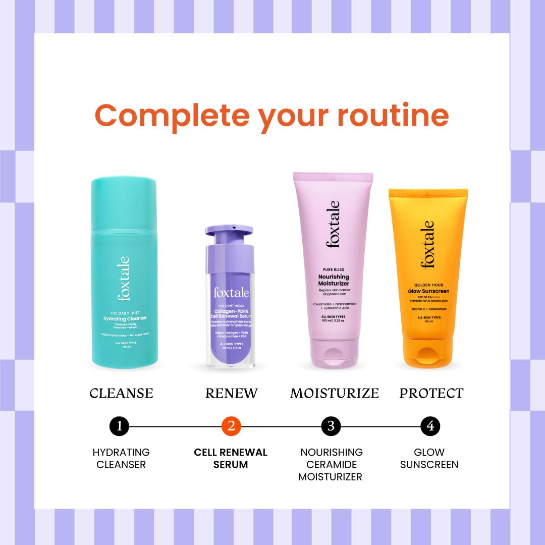 Foxtale Collagen-PDRN Cell Renewal Serum | Collagen + PDRN + Niacinamide + Polyglutamic Acid | Boosts Cell Renewal, Firms & Plumps Skin, Deeply Hydrates & Strengthens Barrier for Smooth, Glass-Skin Glow | For All Skin Types | 30 ml