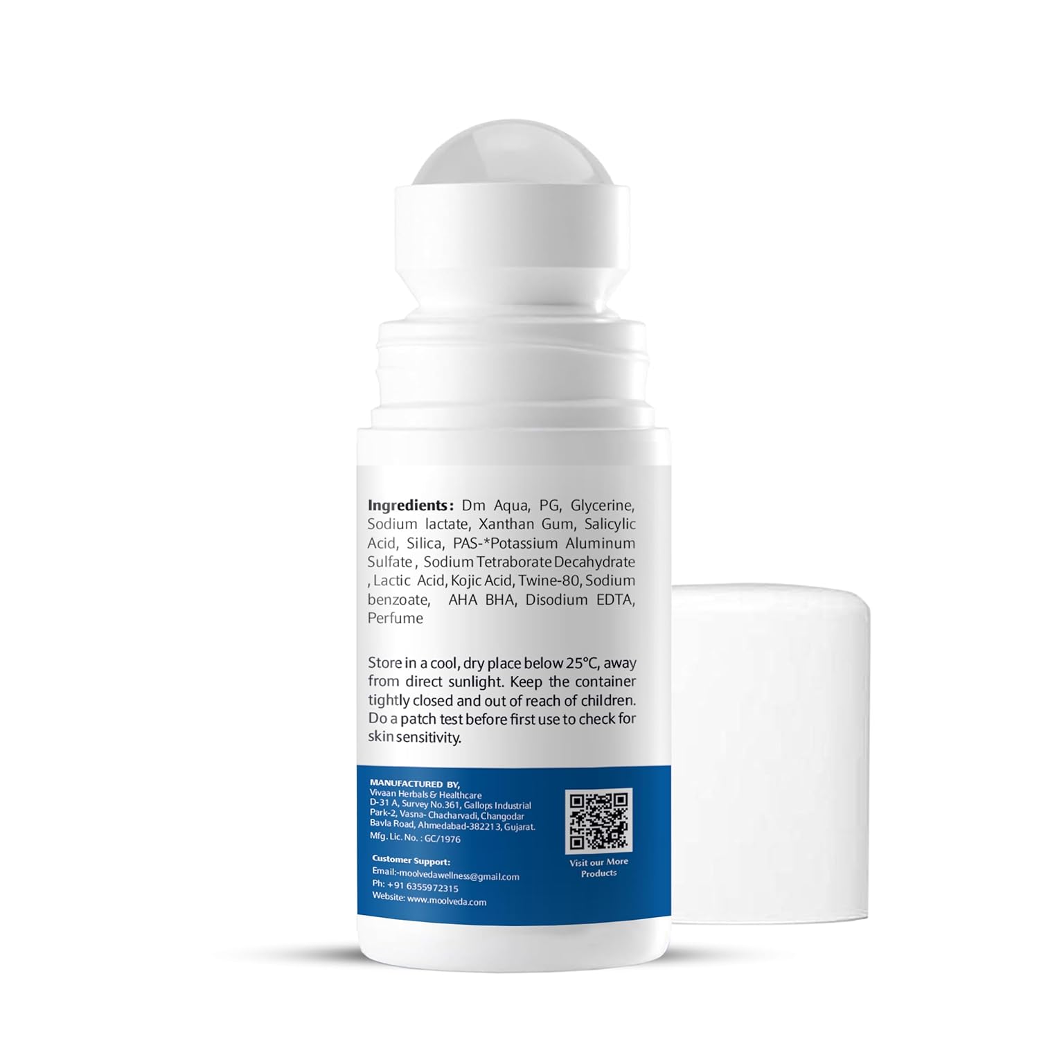 Roll-on bottle with ingredients label on a white background
