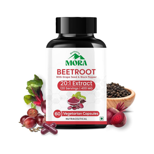MORA Beetroot supplement bottle with ingredients on a white background