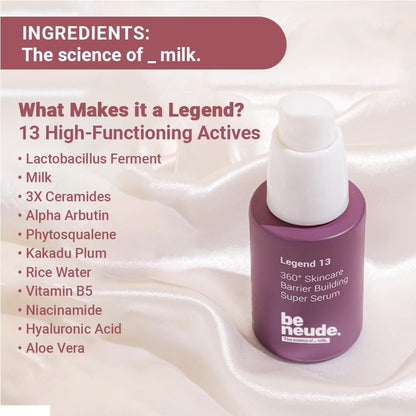 Be Neude Legend 13 Super Face Serum 30ml with 3x Ceramides, Lactobacillus Ferment, Alpha Arbutin, Rice Water, 13 Multiactives for Barrier Building Re-texturing & Hydration, pH 5.5, for All Skin Types