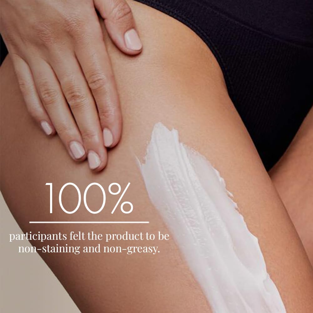 Person applying a white product to their leg with text indicating satisfaction rates.