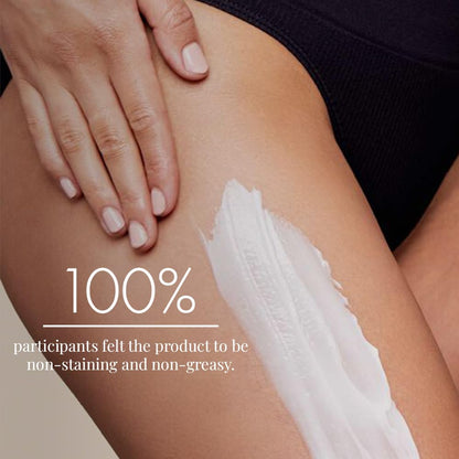 Person applying a white product to their leg with text indicating satisfaction rates.