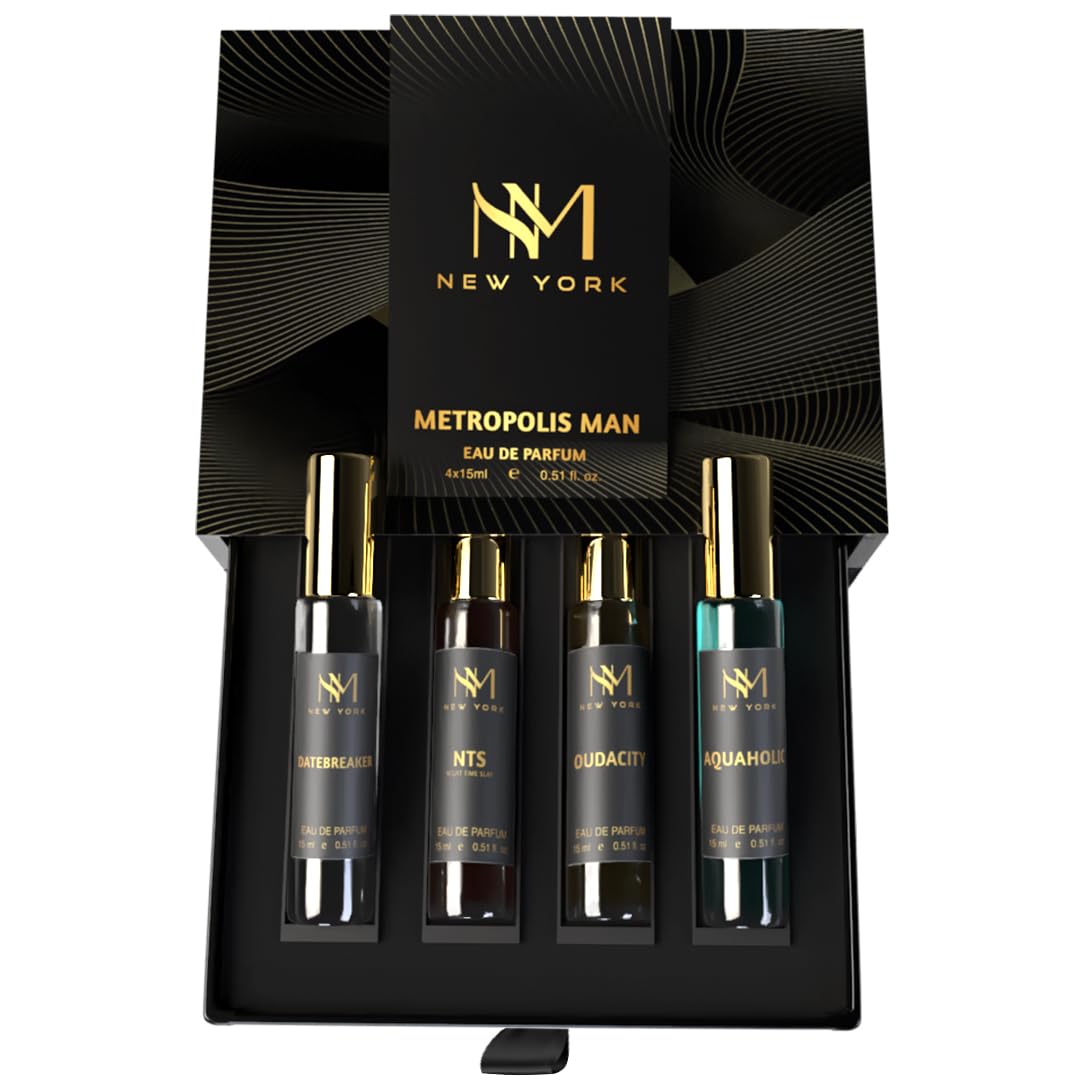 Set of perfume bottles with 'New York' branding in a black box on a white background