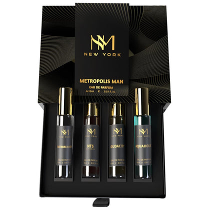 Set of perfume bottles with 'New York' branding in a black box on a white background
