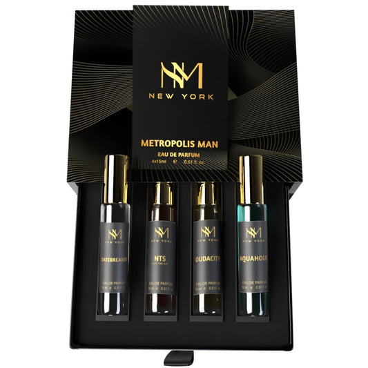 Set of perfume bottles with 'New York' branding in a black box on a white background