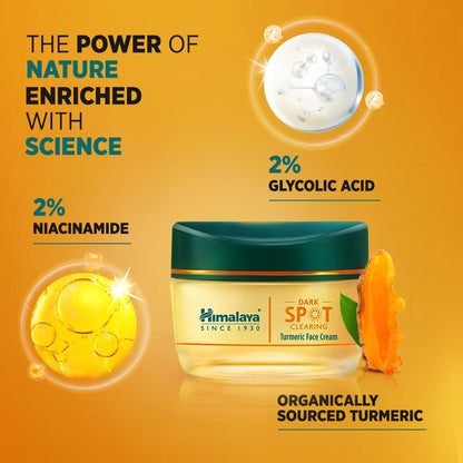 Himalaya Dark Spot Clearing Turmeric Face Cream jar with ingredients highlighted on a yellow background