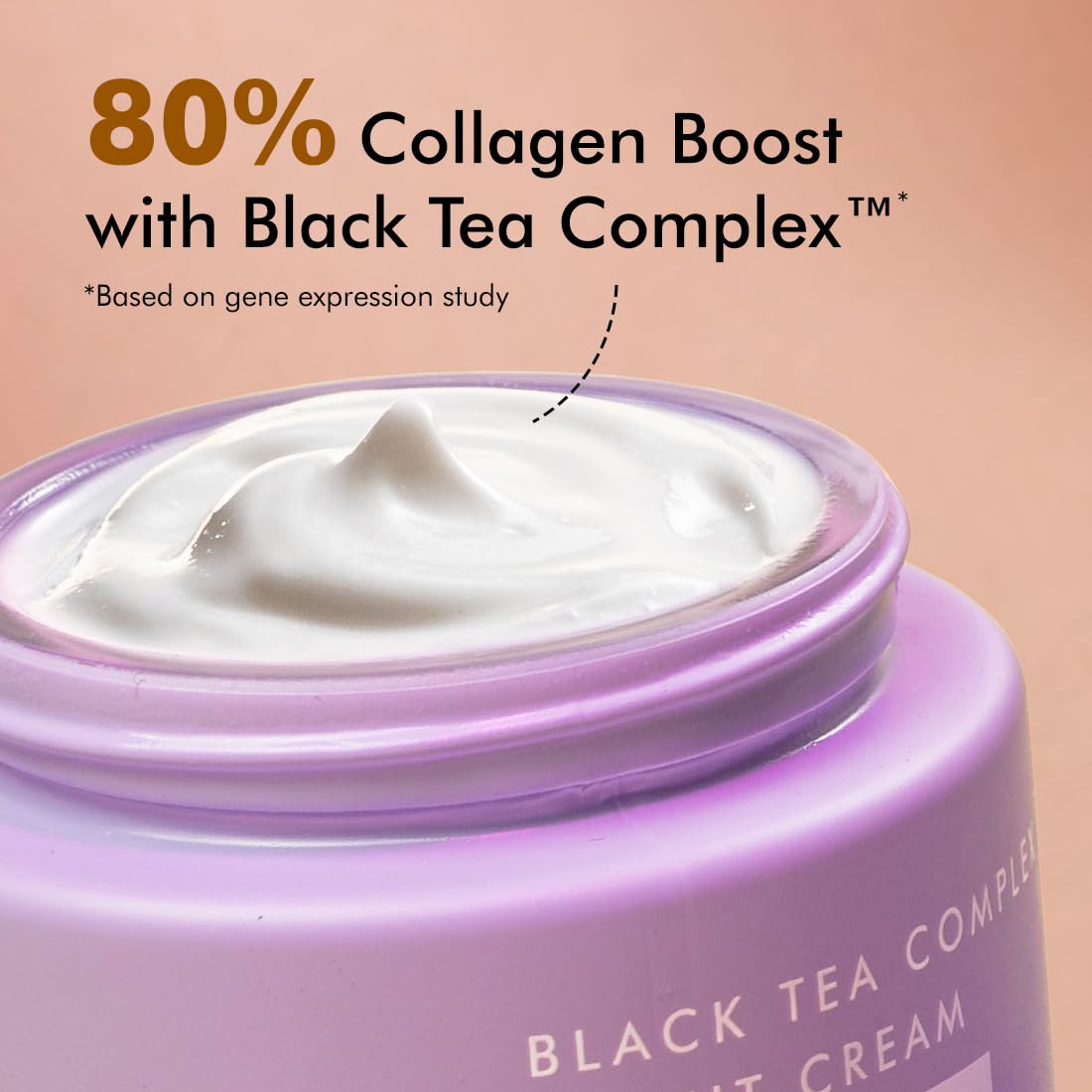 Purple jar of cream with white cream visible, labeled 'Black Tea Complex' on a peach background.