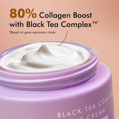 Purple jar of cream with white cream visible, labeled 'Black Tea Complex' on a peach background.