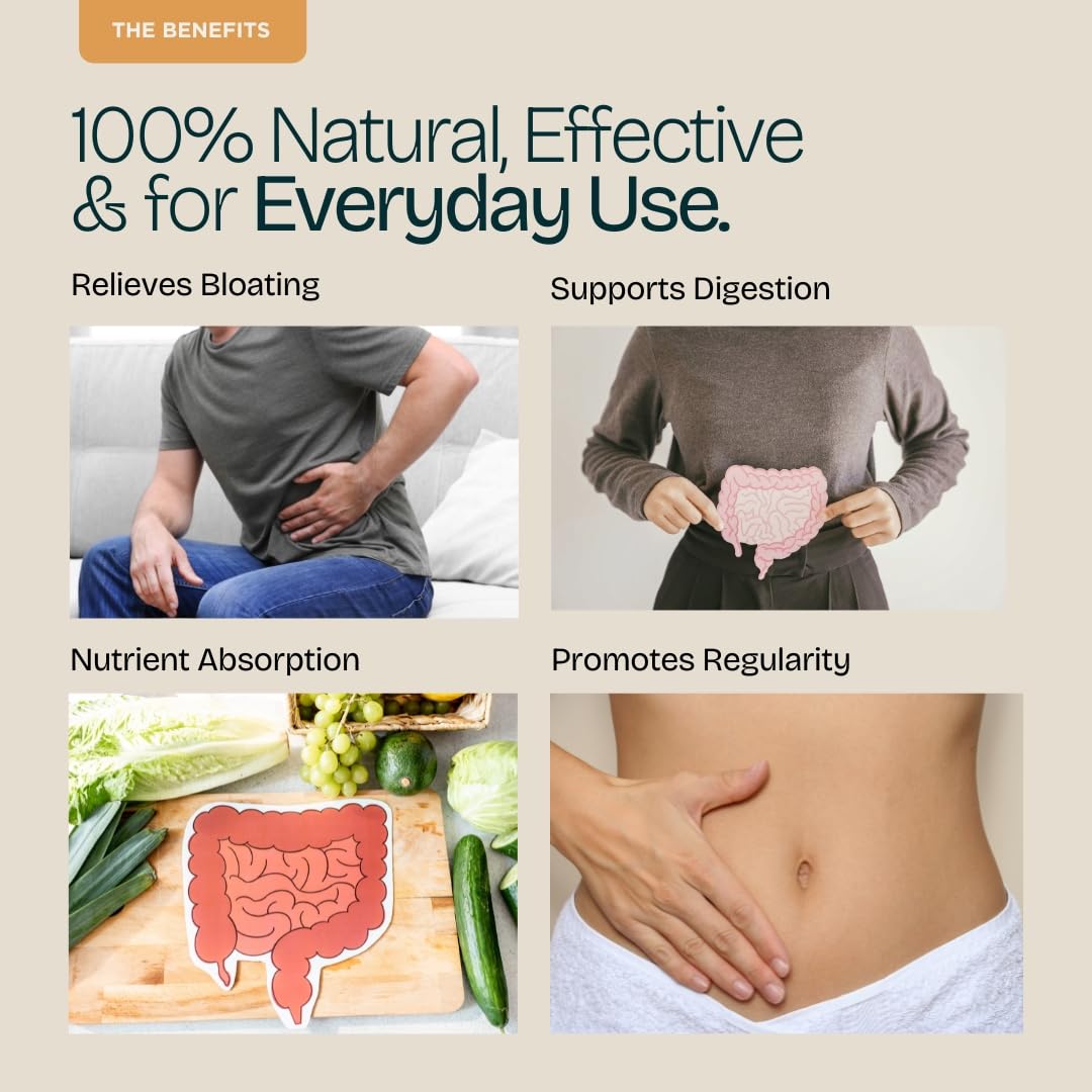 Product advertisement for digestive health benefits with images of a person, intestines, and vegetables.