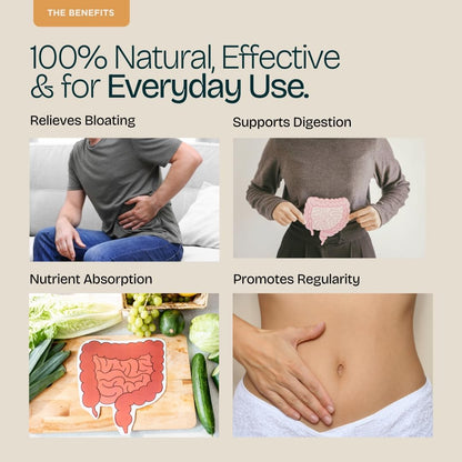 Product advertisement for digestive health benefits with images of a person, intestines, and vegetables.