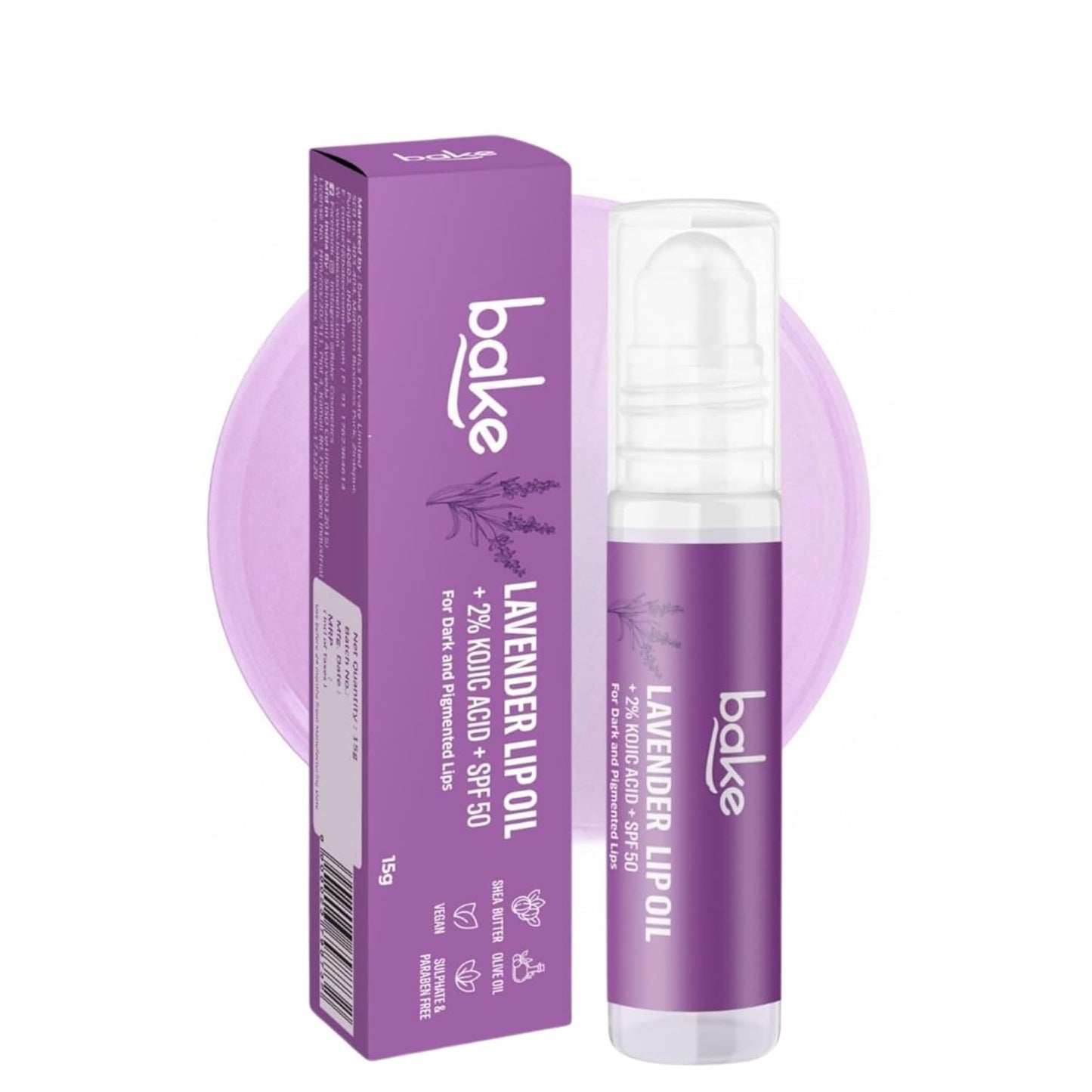 BAKE 2% Kojic Acid Lavender Brightening Lip Balm Oil for Dark & Pigmented Lips with SPF 50 PA++++ with Alpha Arbutin - 15g