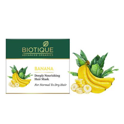 Biotique Banana Deeply Nourishing Hair Mask packaging with bananas and leaves on a white background