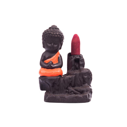 eCraftIndia Meditating Monk Buddha Smoke Backflow Cone Decorative Incense Holder (7 cm x 7 cm x 12, Red)