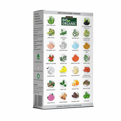 Bio Organic powder packaging with various herbs and ingredients on a white background