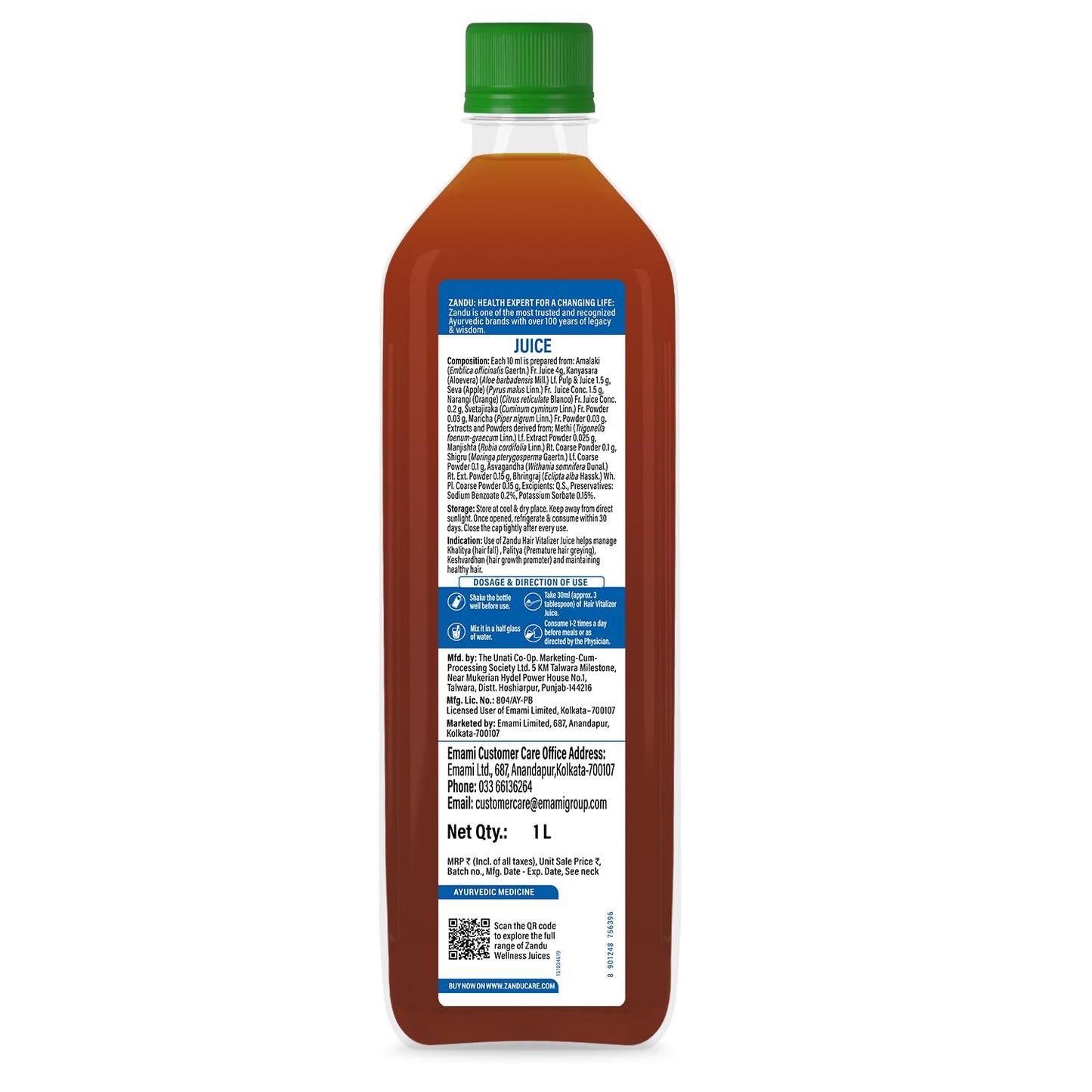 Zandu Hair Vitalizer Juice | Made With 11 Ayurvedic Ingredients, 100% Natural Actives, Vegetarian | 1L