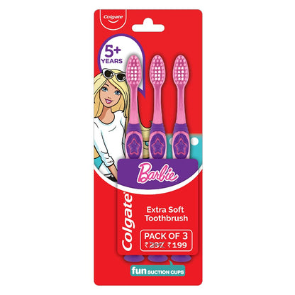 Colgate Kids Barbie Toothbrush, Extra Soft with Tongue Cleaner (Pack of 3) & Colgate Kid's Barbie 80g Anticavity Toothpaste -Strawberry Flavour for Cavity Protection, Enamel Protection COMBO