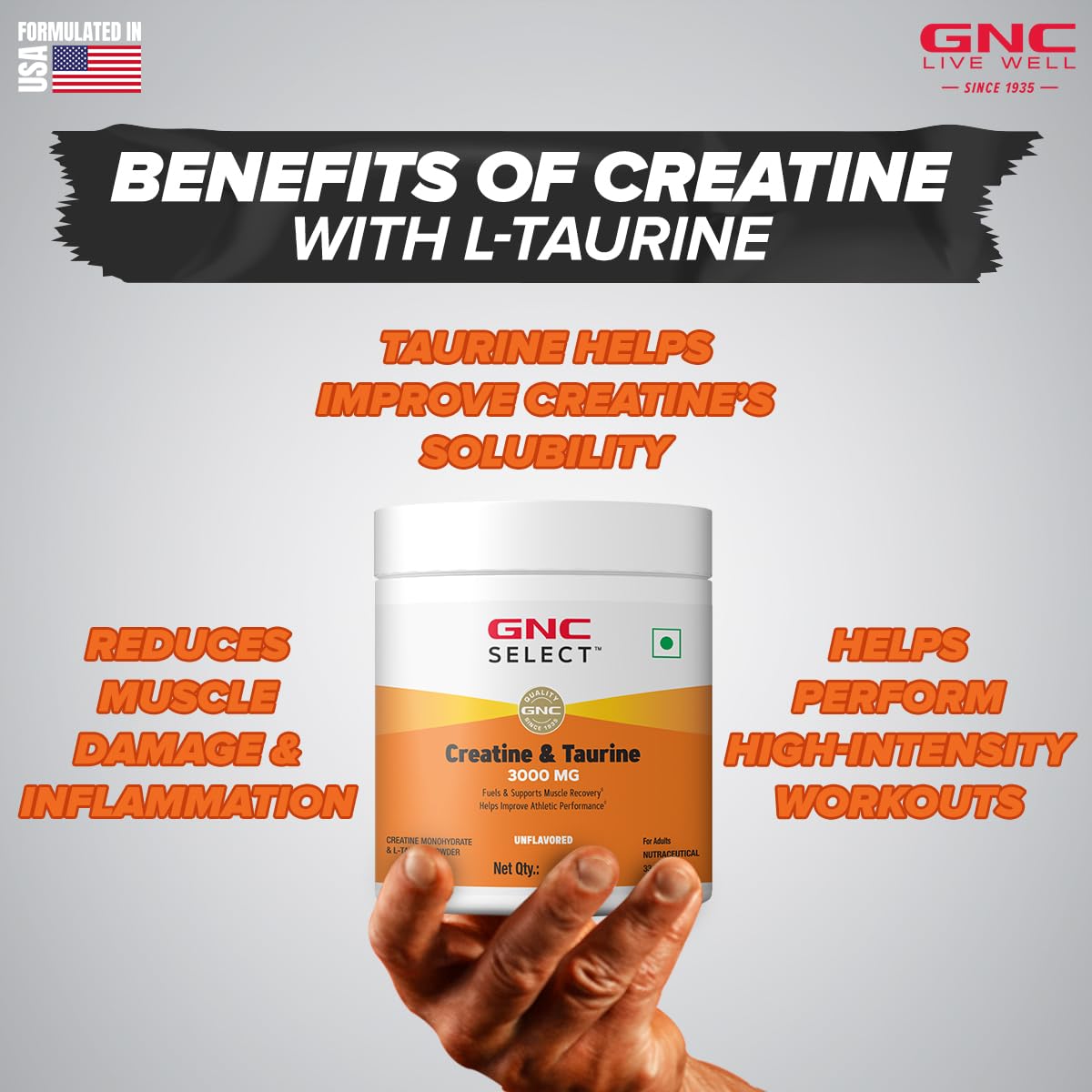 Zephivo GNC Pure Micronized Creatine Monohydrate + Taurine | 100 gm | 33 Serving | Unflavoured | Instantized | Fuels Muscles | Increase Muscle Mass | Rapid Absorption | Faster Muscle Building| Lab Tested | Faster Muscle Recovery| Boost Performance | Imported