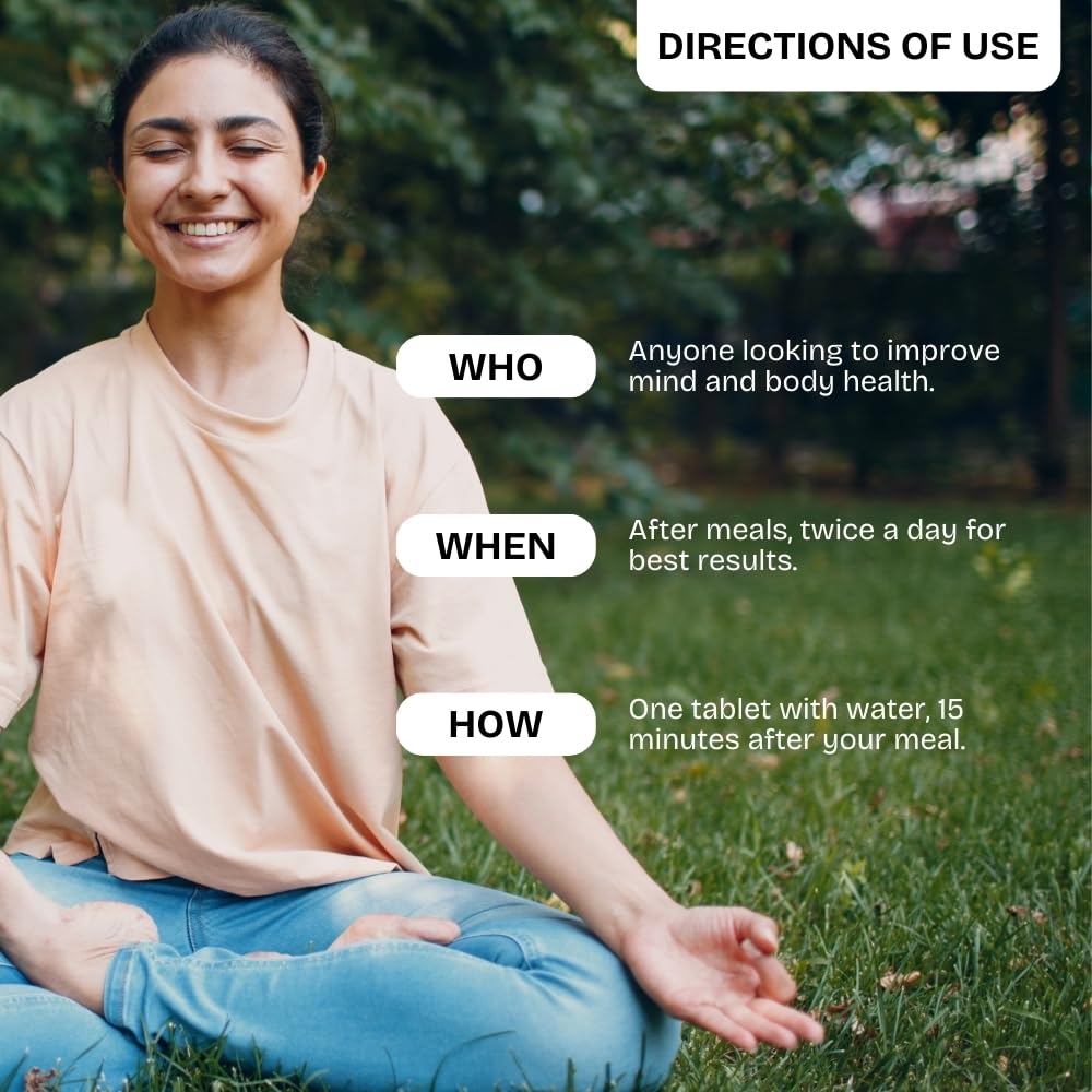 Woman meditating outdoors with health product usage instructions overlayed.