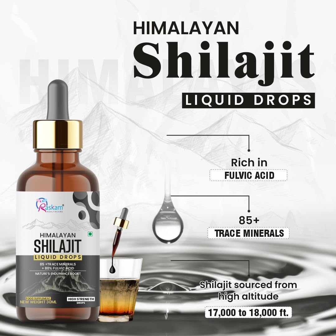 Himalayan Shilajit liquid drops with dropper and glass on a white background