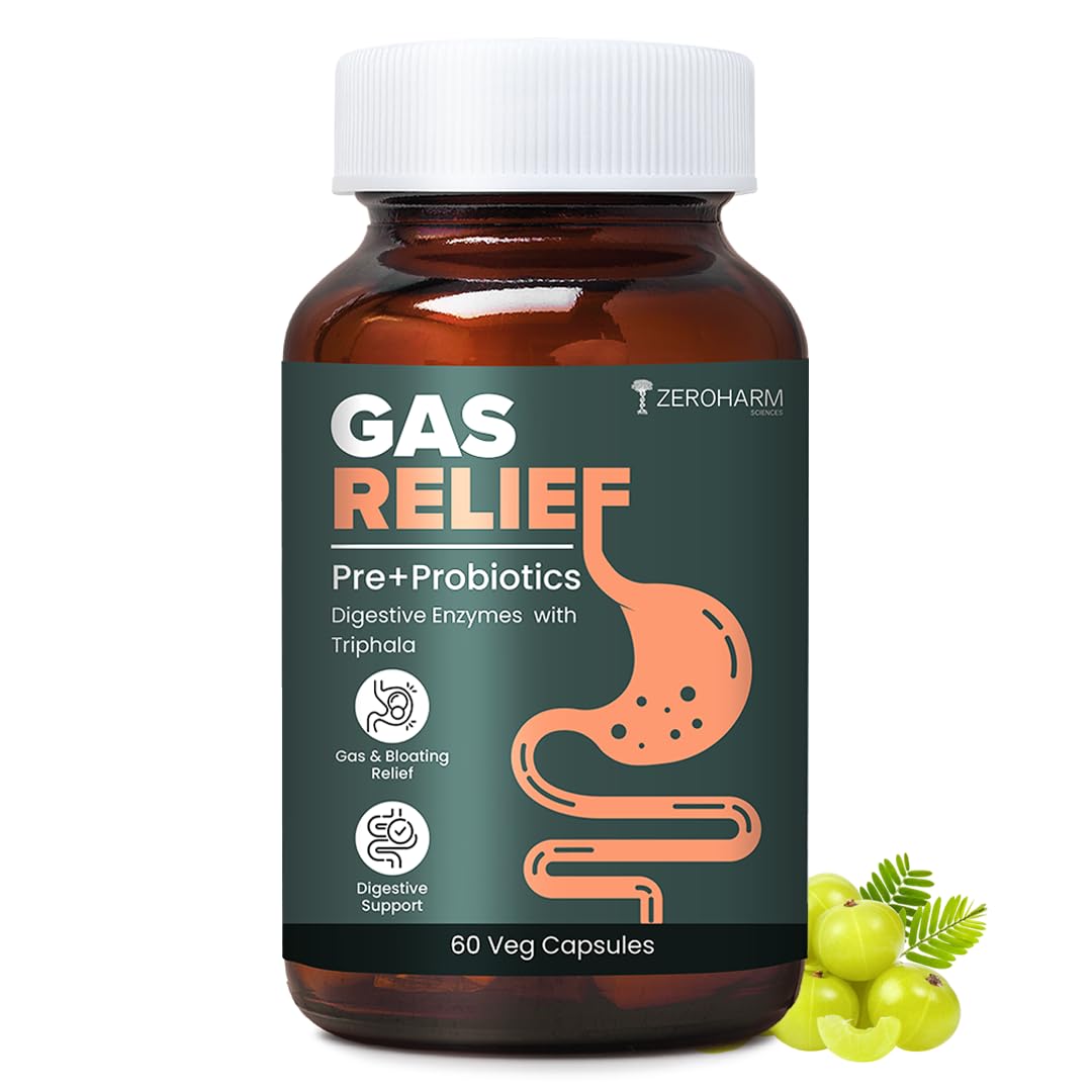 ZEROHARM Gas Relief Capsules | Ayurvedic Pre‑Probiotic & Digestive Enzymes Blend with Triphala (Amla, Haritaki, Bibhitaki) | Eases Digestion, Bloating, Gas Relief & Acidity | Men & Women | 60 Capsules