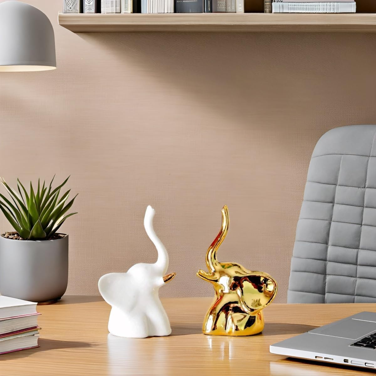 Street27® Home Decor Elephant Statue For Good Luck,Fengshui Ceramic Creative Small Modern Style Elephant Idol Figurines,Decorative Gift Items For Home,Office Desktop,Living Room (2pcs),White,Gold