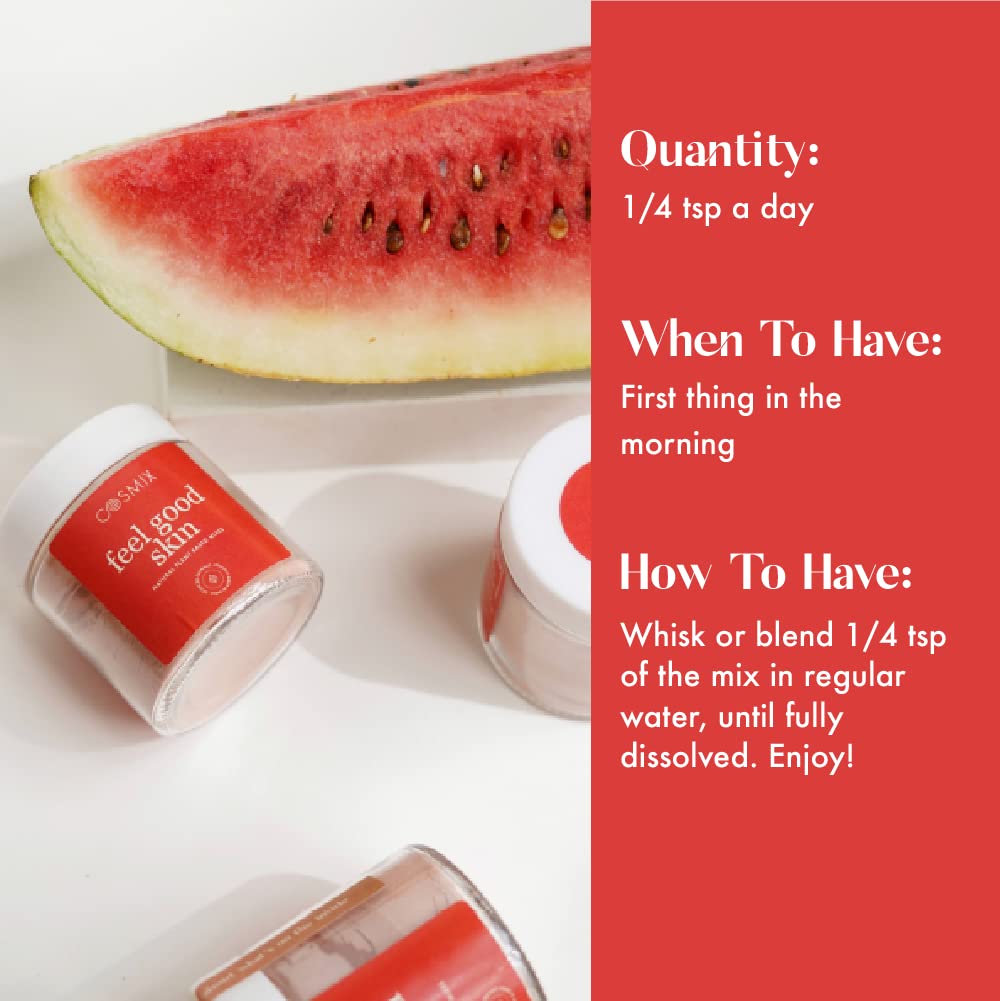 Jars of a product with a watermelon slice on a white background, featuring text about quantity, timing, and usage.