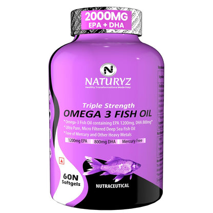 Purple bottle of Naturyz Omega 3 Fish Oil with black and white label on a white background