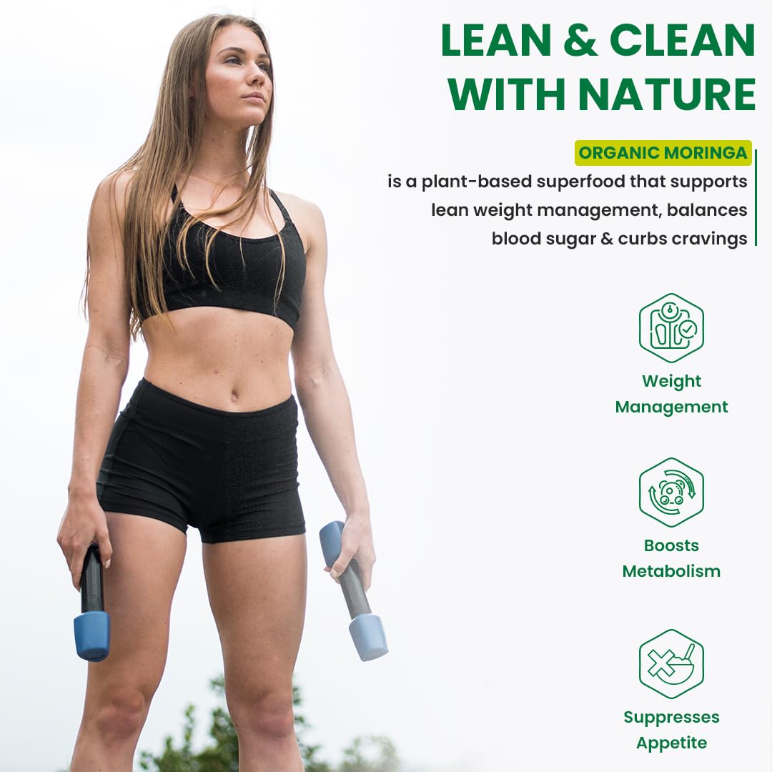 Woman in athletic wear holding dumbbells with text about organic moringa benefits on a white background