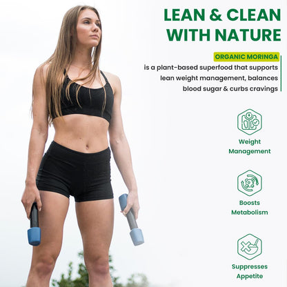 Woman in athletic wear holding dumbbells with text about organic moringa benefits on a white background