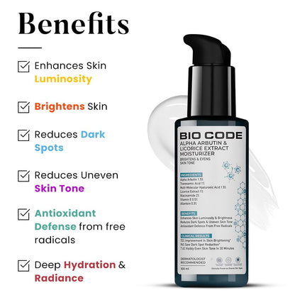 Bio Code skincare product with benefits listed on a white background