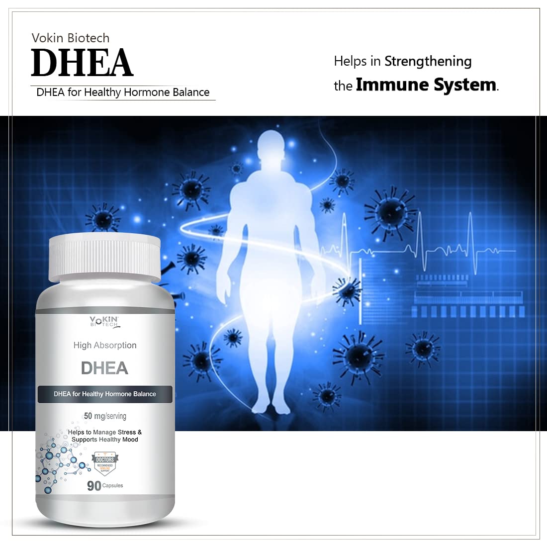 Vokin Biotech DHEA supplement bottle with blue background and health-related graphics