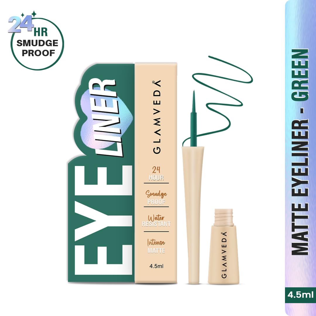 Glamveda Liquid Eye Liner, Green, Long Lasting Matte Waterproof Liner - Smudge Proof, Transfer Proof Eye Makeup, Bold, Clean, Smudge-Free Look 24-Hour Long Stay 4.5 ml