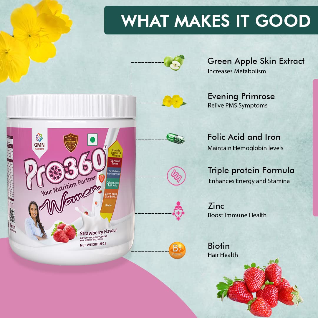 Pro360 Women Protein Rich Nutritional Supplement Enriched with Calcium, Iron for Stronger Bones and Improved Haemoglobin – 25 Essential Nutrients with Evening Primrose – Butterscotch Flavor – 250G