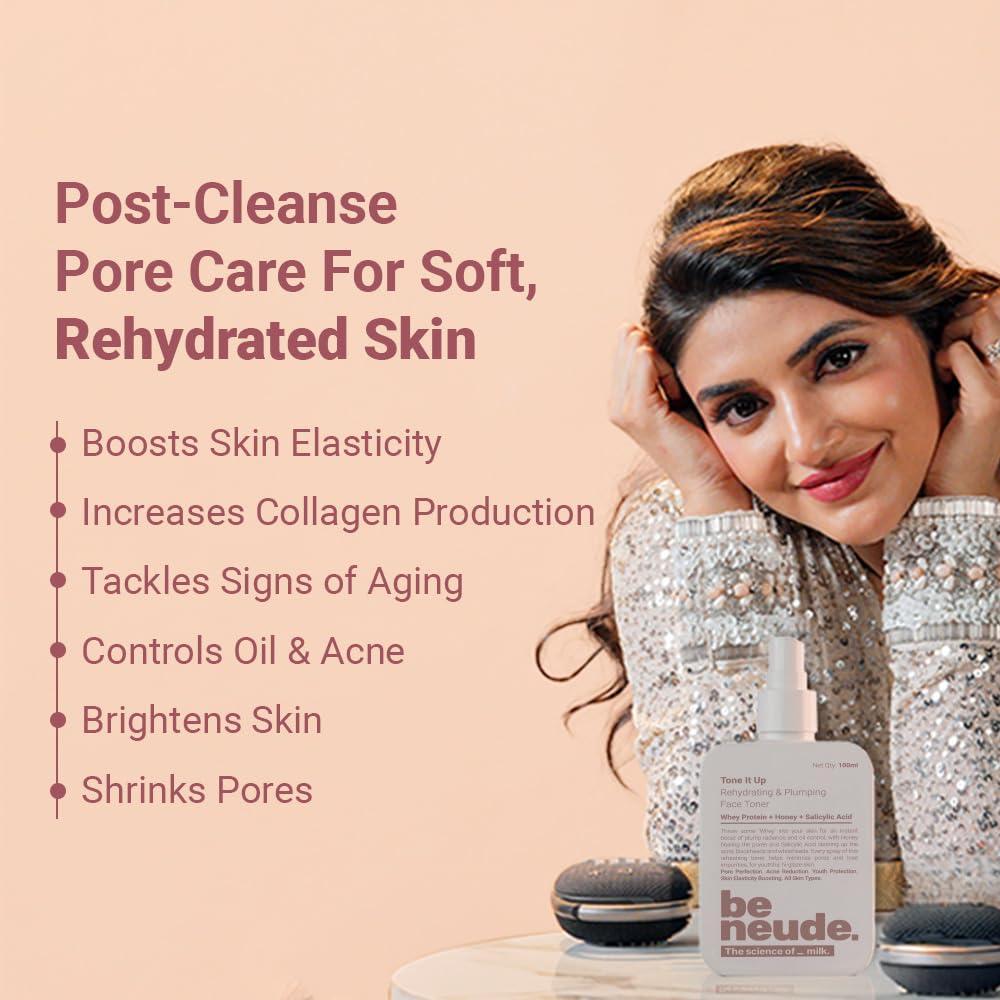 Be Neude Niacinamide Face Toner - 100 ml with Whey Protein Milk Peptides and 2% Salicylic Acid for Oil and Acne Prone Skin, Hydrating, Fades, Blemishes, Brightens and Tightens Pores