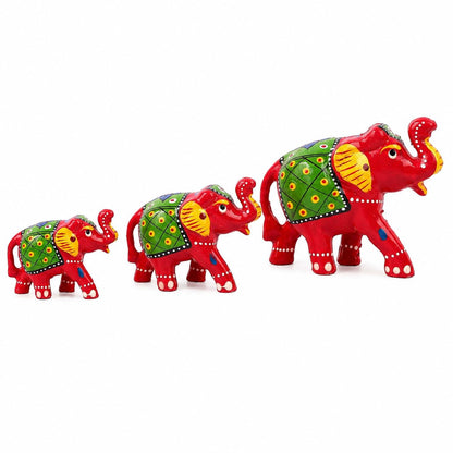 DreamKraft Paper Mache Elephant Showpiece for Enhance Home Decor - Red (Set of 3)
