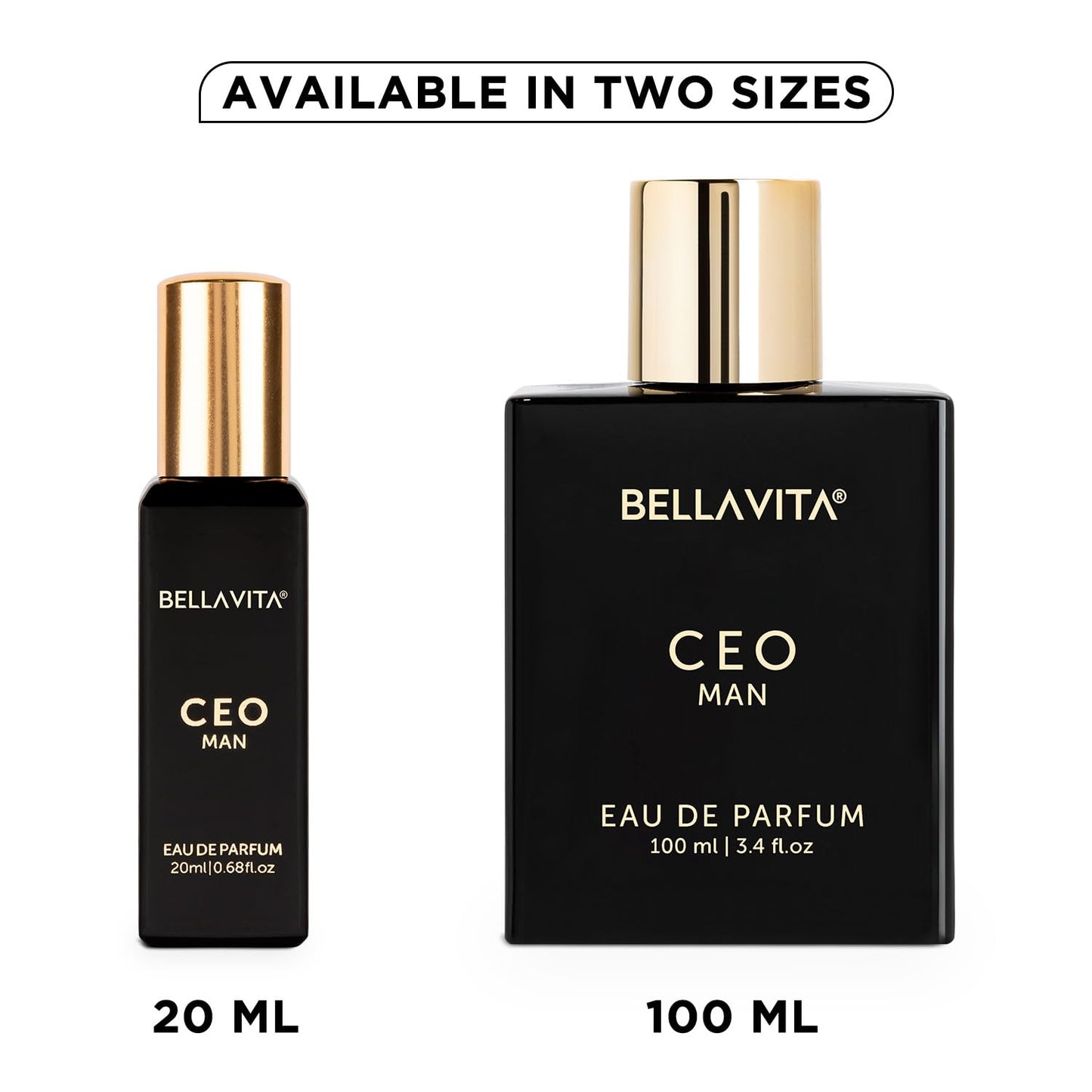 Two Bella Vita Luxury CEO Man Eau de Parfum bottles, one 20ml and one 100ml, on a white background.