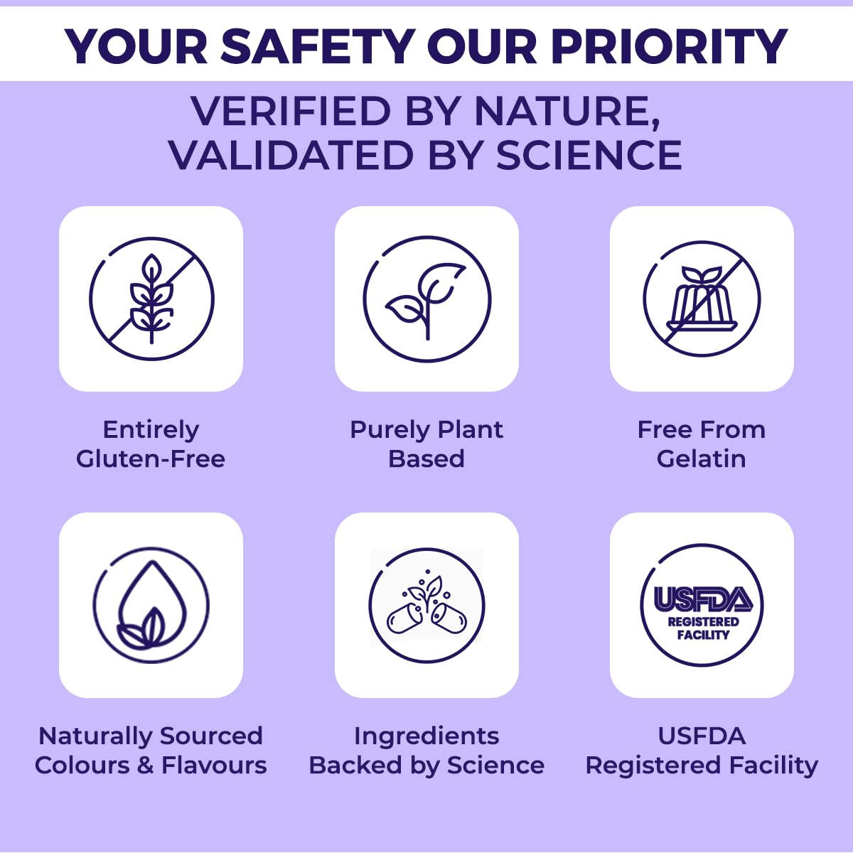 Certification icons on a purple background with text 'Your Safety Our Priority'.