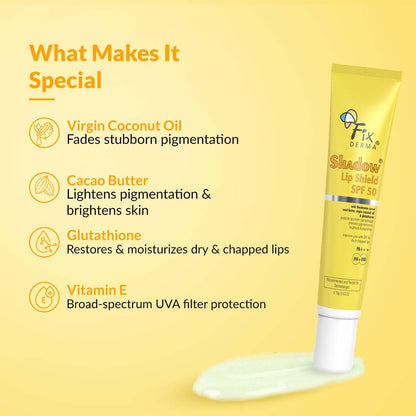 Fixderma Shadow SPF 50 Lip Shield Pa+++ Lip Balm with Cacao Seed Butter & Vitamin E | Prevents Pigmentation & Sun Damage | Lightens Pigmented Lips | Protects Against UVA & UVB Rays - 15gm