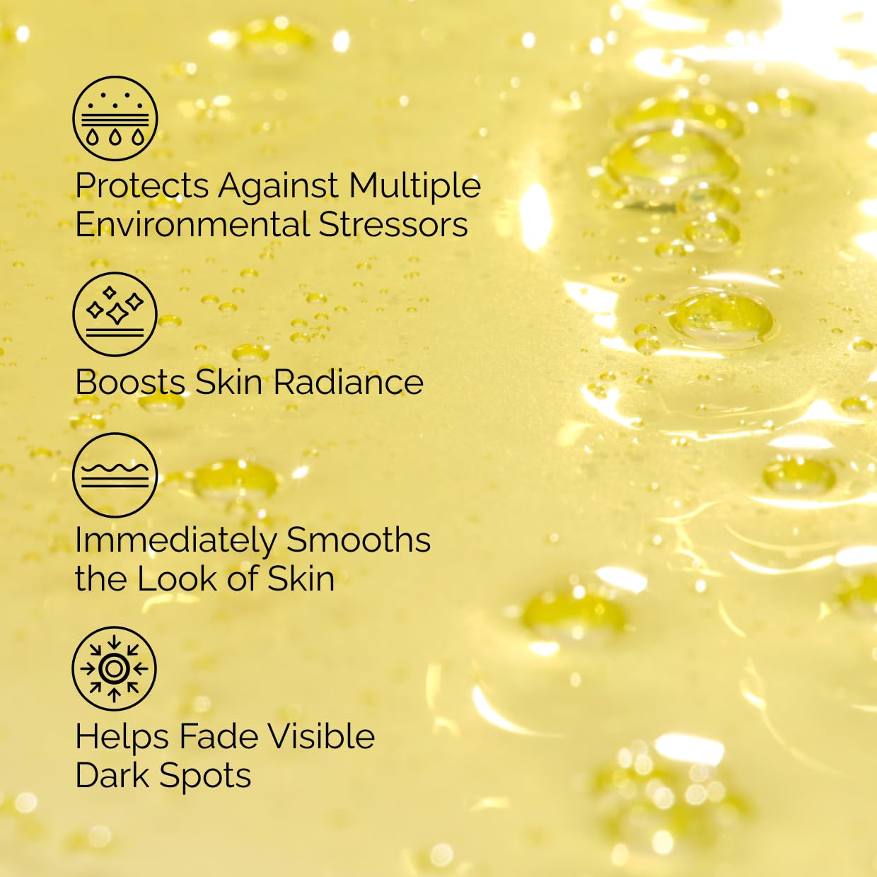 Skincare product with text highlighting its benefits on a yellow background