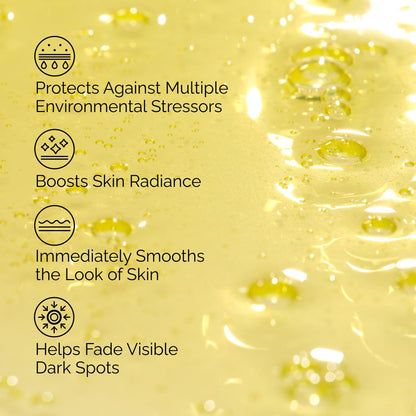 Skincare product with text highlighting its benefits on a yellow background