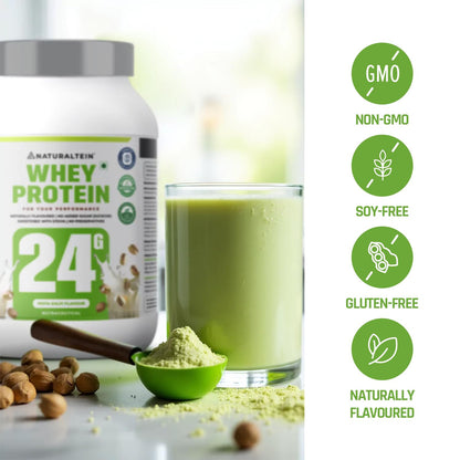 Whey protein container, glass of green smoothie, scoop of powder, and nuts on a white background with health benefits icons.