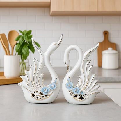 Modern Elite Swan Pair Ceramic Art Figure | Beautiful Home Decor (Set of 2, White)