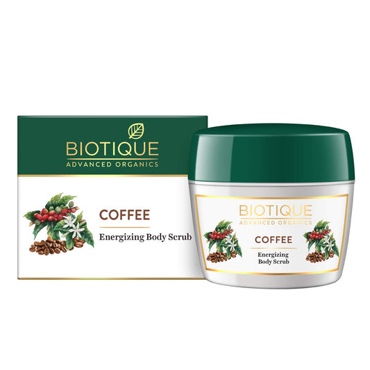Biotique Coffee Energizing Body Scrub with packaging on a white background
