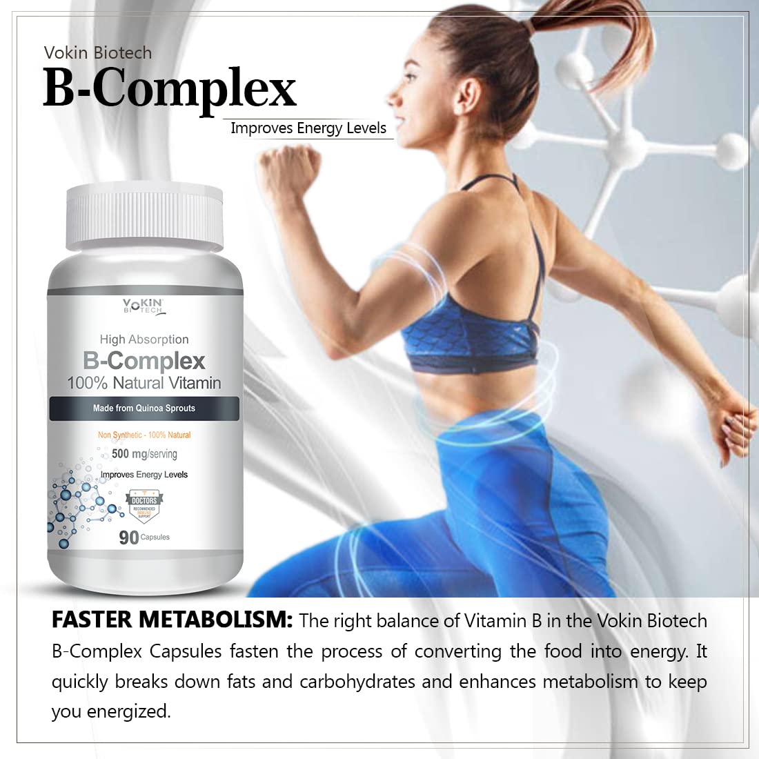 Vitamin B-Complex supplement bottle with a woman running and text about faster metabolism.